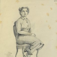 Arte: VICENTE OLIVER (1861-1930) DIBUJO A LÁPIZ MUJER SENTADA FIRMADO