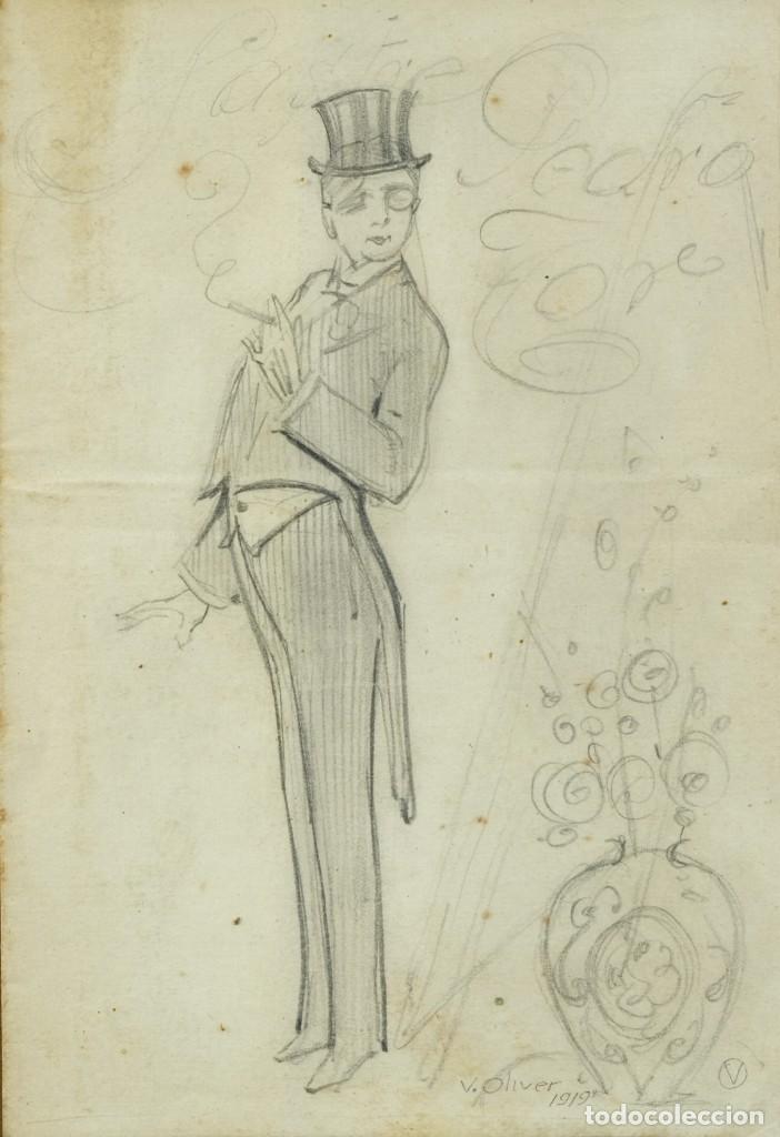 Kunst: Vicente Oliver Dibujo de Caballero fumando Firmado y fechado 1919