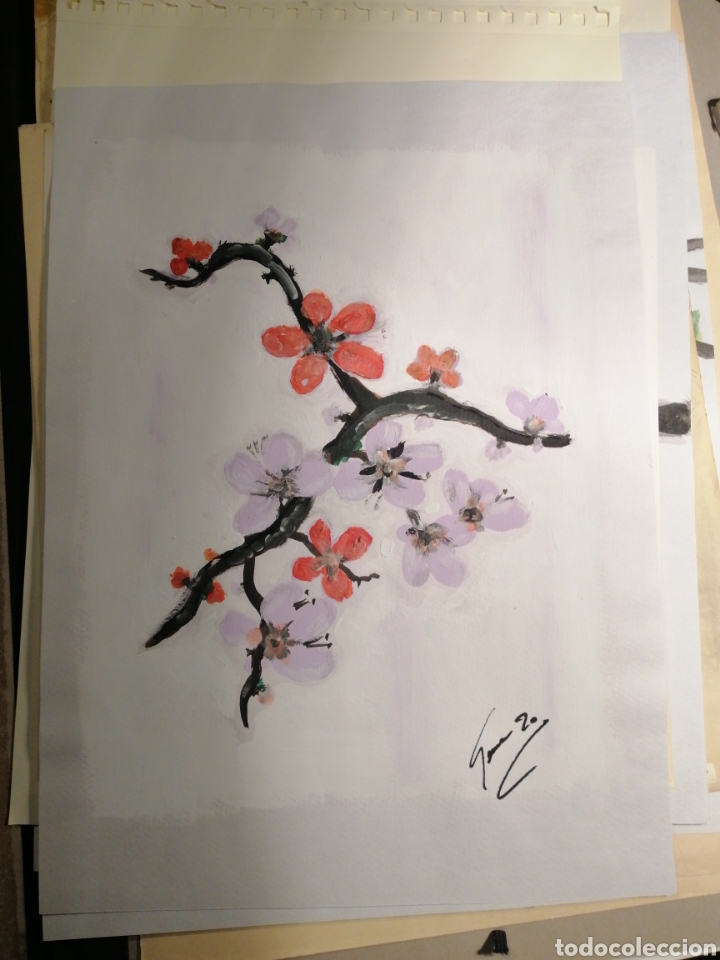Arte: Almendro en flor acr&iacute;lico sobre papel - Foto 1