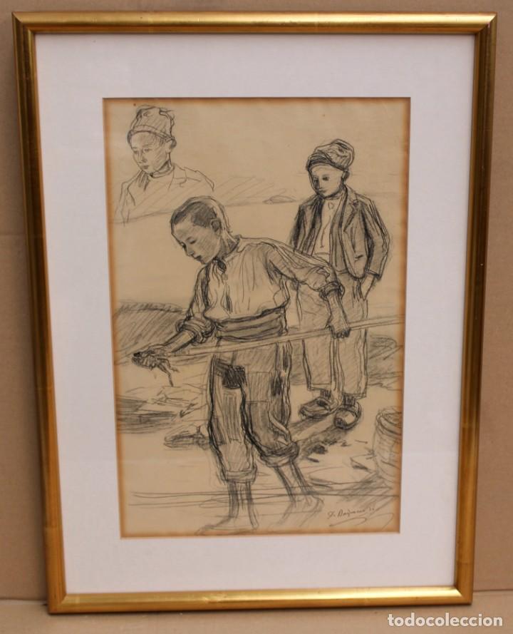 Art: DIONISIO BAIXERAS - DIBUJO A L&Aacute;PIZ - NI&Ntilde;OS PESCADORES - 63 X 46 CM.
