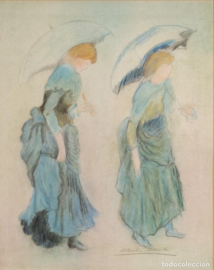 Kunst: Dibujo ceras sobre papel Mujeres con parasol firma ilegible