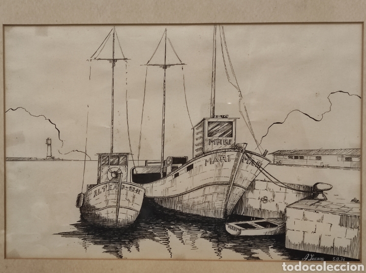 Arte: A. Lozano, barcos en el puerto, firmado A. Lozano 74. Enmarcado y con cristal 47x35cm Altea - Foto 2 - 253932355