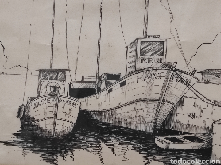 Arte: A. Lozano, barcos en el puerto, firmado A. Lozano 74. Enmarcado y con cristal 47x35cm Altea - Foto 3 - 253932355