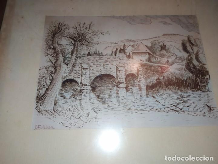 Arte: ANTIGUO DIBUJO ENMARCADO PRECIOSO FIRMADO J. ESTEBAN PAISAJE PUENTE R&Iacute;O CASA MAS&Iacute;A SE AGRADECE INFOR