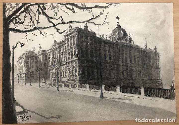 Arte: DIBUJO AGUADA CON TINTA CHINA PALACIO REAL. MADRID. FIRMADO F. CORDOBA. AÑO 1950 - Foto 1 - 304050843