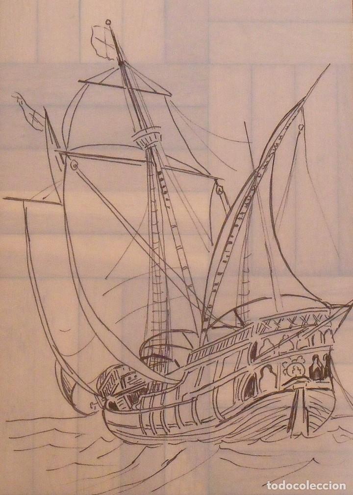 Art: Dibujo, boceto o calco, a tinta. Barco. Sin firmar. Papel de calcar. 30x21 cm.