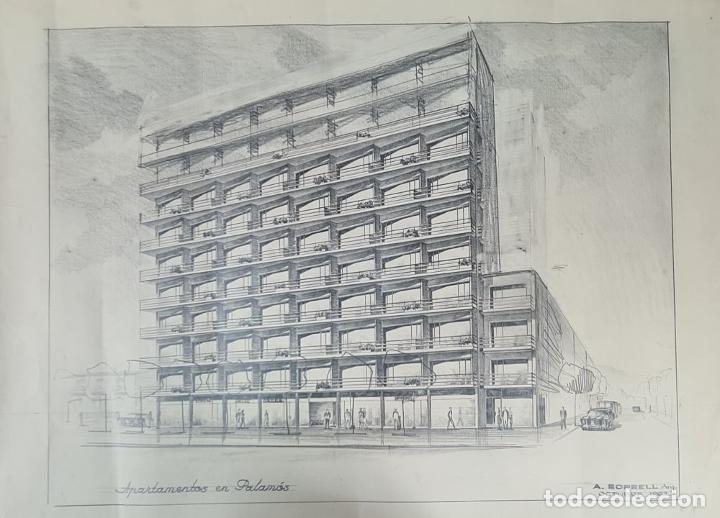 Arte: CONJUNTO DE 4 PLANOS DE EDIFICIO. DIBUJOS AL GRAFITO. A. BORRELL. 1962. - Foto 2