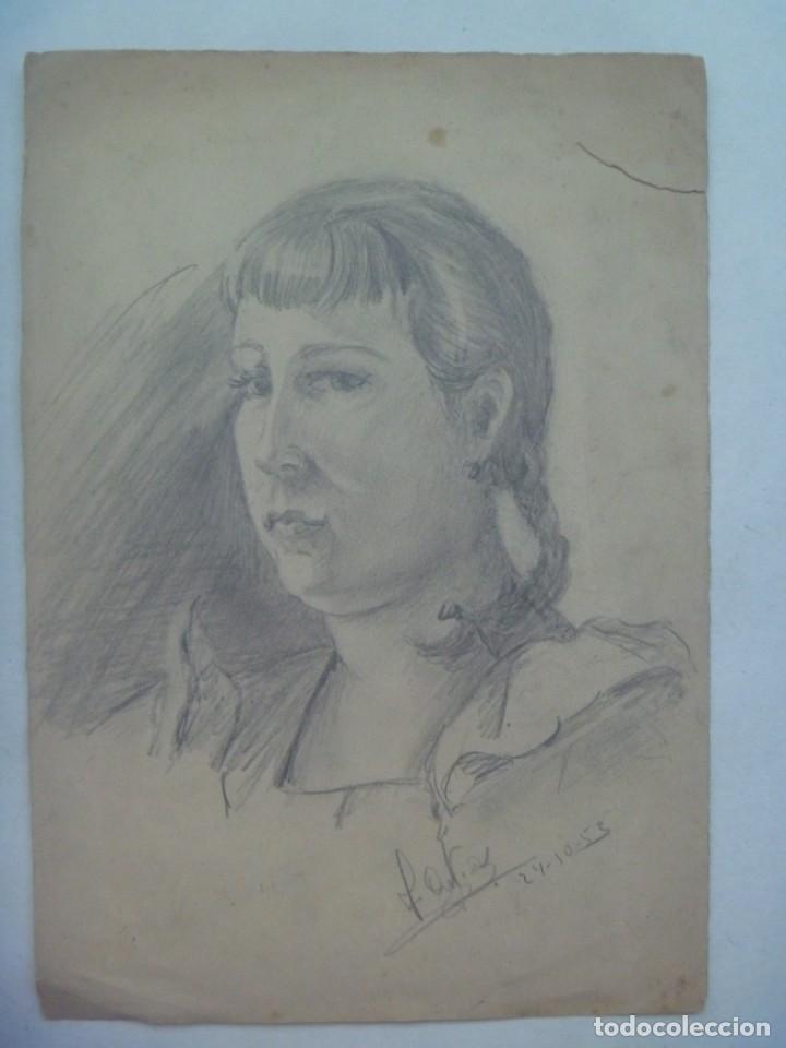 Arte: BONITO DIBUJO RETRATO DE MUJER ( DETRAS HAY DIBUJADO UN GATO ). DE JOAQUIN ORTIZ