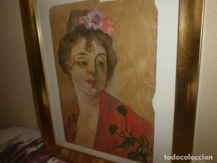 Arte: Oleo papel antighuo, retrato mujer andaluza marco 445X37 cm. papel 33X23 cm. an&oacute;nimo