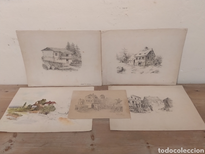 Arte: CONJUNTO DE 5 DIBUJOS DE ENRIC G&Oacute;MEZ FONT - EDIFICIOS - Foto 1