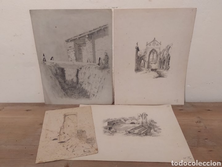 Arte: CONJUNTO DE 4 DIBUJOS DE ENRIC G&Oacute;MEZ FONT - EDIFICIOS EN RUINAS - Foto 1
