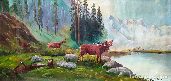 Arte: Escena de ciervos y paisaje. Berrea. Oleo sobre lienzo 58 x 126 cm. Kitsch