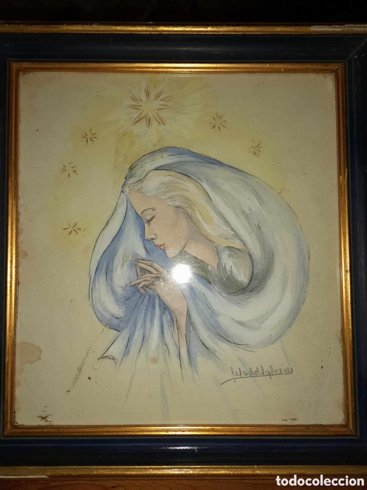 Arte: ANTIGUO DIBUJO VIRGEN ORANDO ENMARCADO FIRMA ILEGIBLE LEFADOIGLESIAS ?AGRADECE INFO