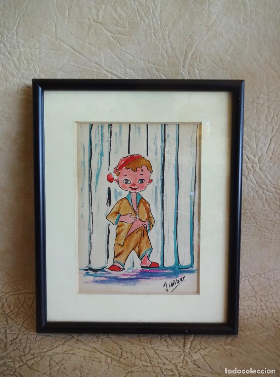 Art: antiguo cuadro con dibujo a&ntilde;os 60 - 70 original firmado y enmarcado