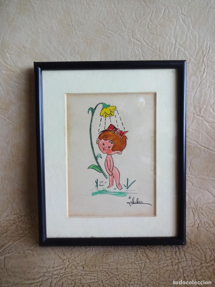 Art: antiguo cuadro con dibujo a&ntilde;os 60 - 70 original firmado y enmarcado