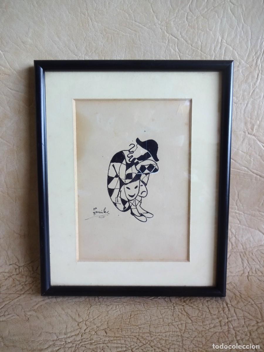 Art: antiguo cuadro con dibujo a&ntilde;os 60 - 70 original firmado y enmarcado