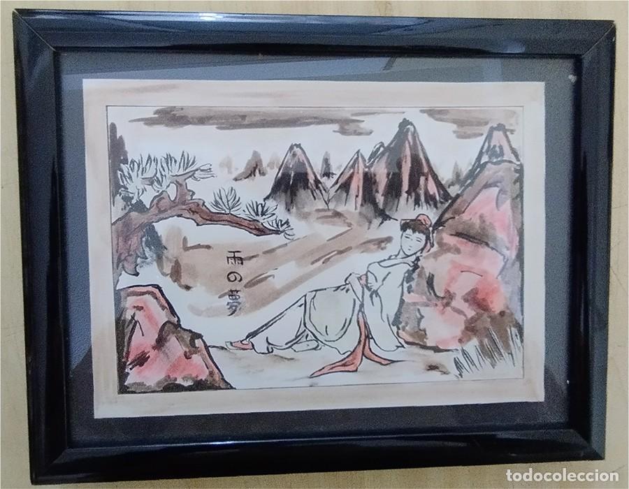 Arte: ESCENA JAPONESA FIRMADA CUADRO EN ACUARELA ENMARCADO MIDE 26,50/20,50 CM