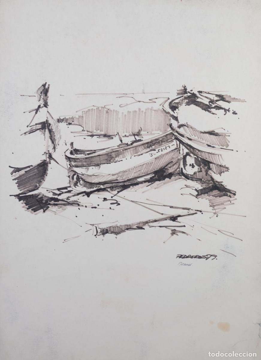 Arte: Dibujo a tinta barcas firmado Pedro Ros 1979