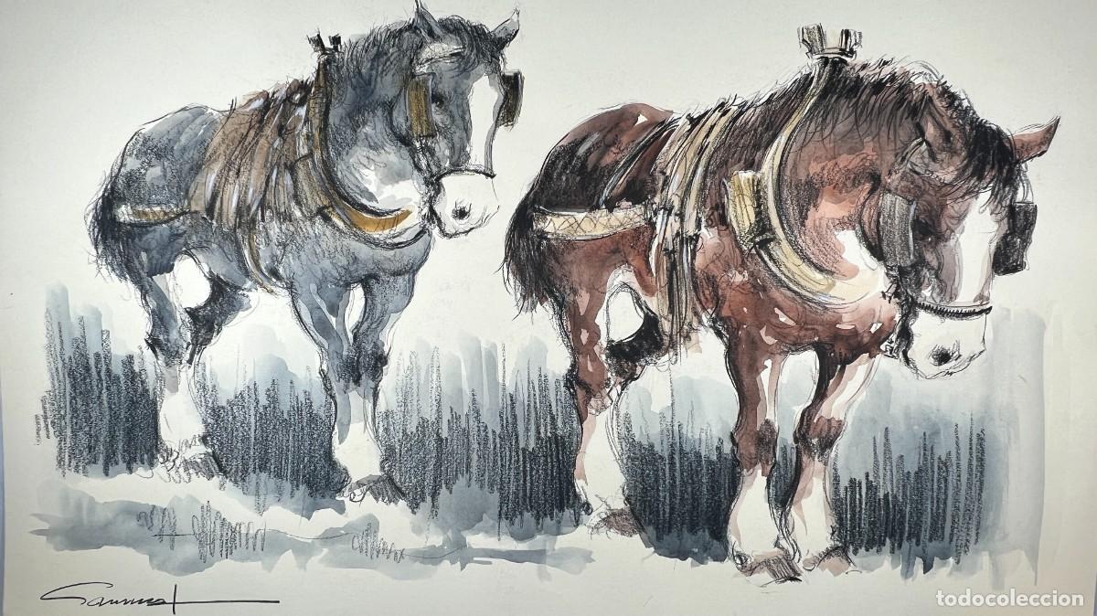 Kunst: DIBUJO ORIGINAL AQUARELA DE RAFEL GARRICH - ( 1930- 1994) - TEMA EQUINOS