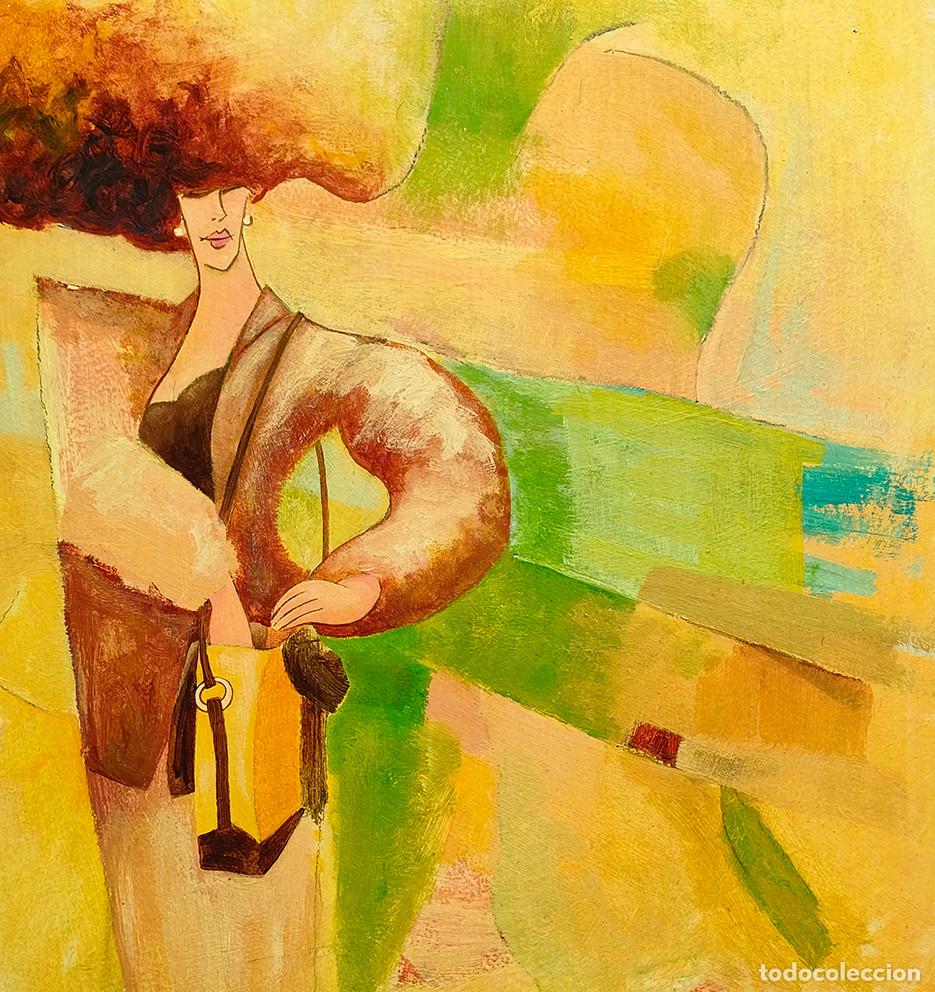 Arte: Mujer buscando en el bolso. Oleo sobre tabla. 33 x 40. Obra original firmada
