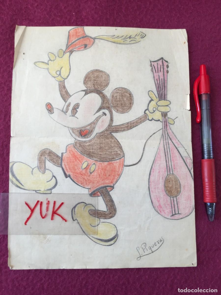 Arte: ANTIGUO DIBUJO MICKEY MOUSE A LAPICES DE COLORES - A&Ntilde;OS 30 - FIRMADO L. PIQUERAS