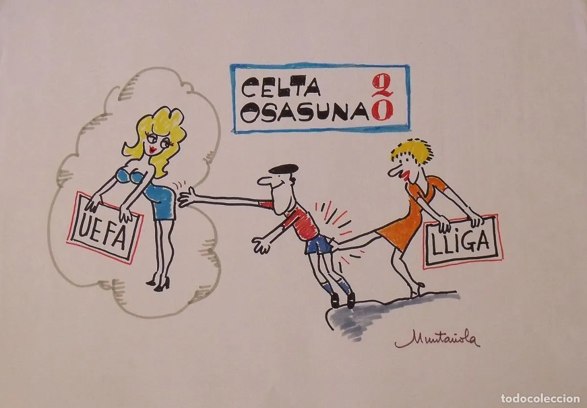 Joaquim Muntañola. Dibujo a rotulador ”Celta 2 Osasuna 0”. Firmado a mano. Fútbol. 35x50 cm.