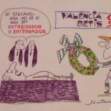 Arte: JOAQUIM MUNTAÑOLA. DIBUJO A ROTULADOR ”VALENCIA 0 BETIS 2”. FIRMADO MANO. FÚTBOL. 35X50 CM.