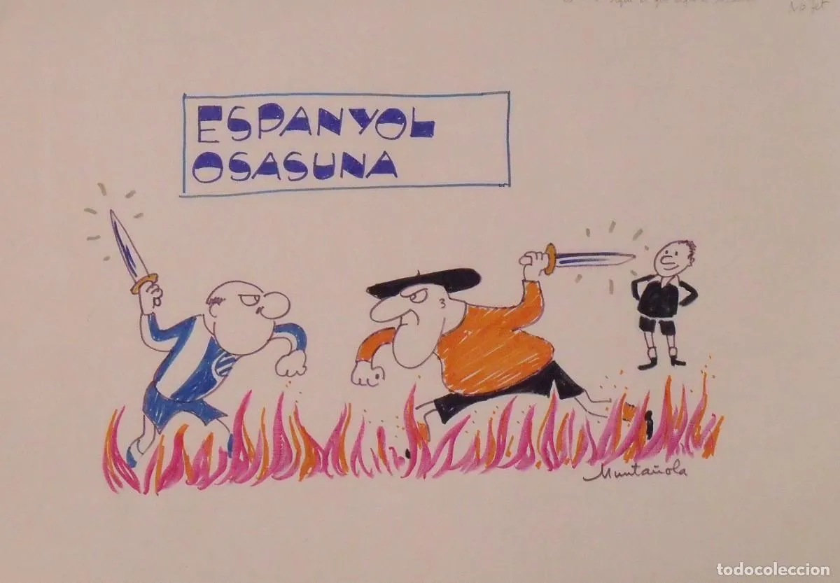 Joaquim Muntañola. Dibujo a rotulador ”Espanyol Osasuna”. Firmado mano. Fútbol. 35x50 cm.