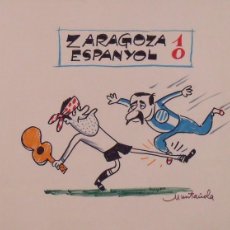 Arte: JOAQUIM MUNTAÑOLA. DIBUJO A ROTULADOR ”ZARAGOZA 1 ESPANYOL 0”. FIRMADO MANO. FÚTBOL. 35X50 CM.