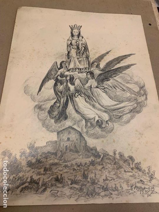 Kunst: VIRGEN DE LA MARE DE DEU DEL MONT Y SANTUARIO. Antiguo dibujo, firmado E.Armengol, a&ntilde;os 50. 45x32cms