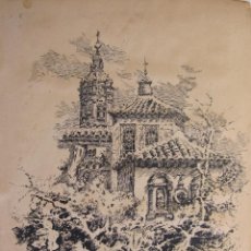 Arte: ENRIQUE MARIN SEVILLA. LA TORRE DE LA ALDEA. DIBUJO A PLUMA. 31 X 23 CM. PUBLICADO ESFERA 1915