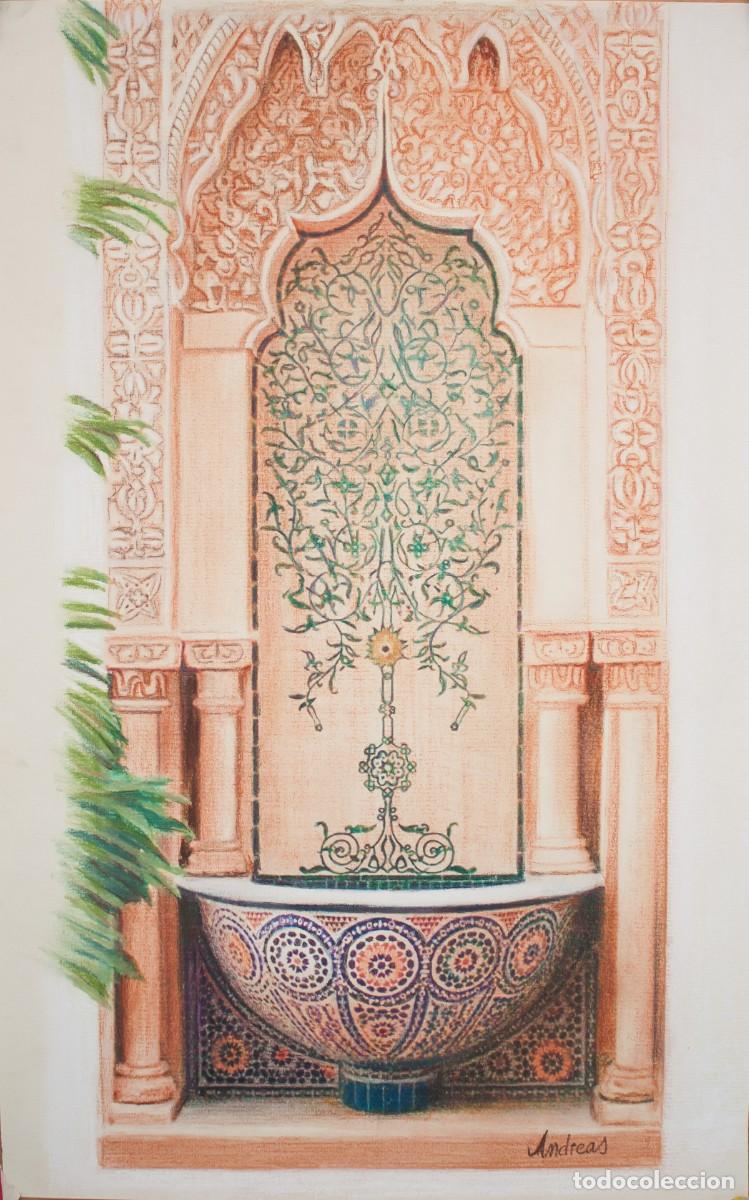 Art: DIBUJO-PINTURA A PASTEL DE UNA FUENTE ARABE DE PARED.