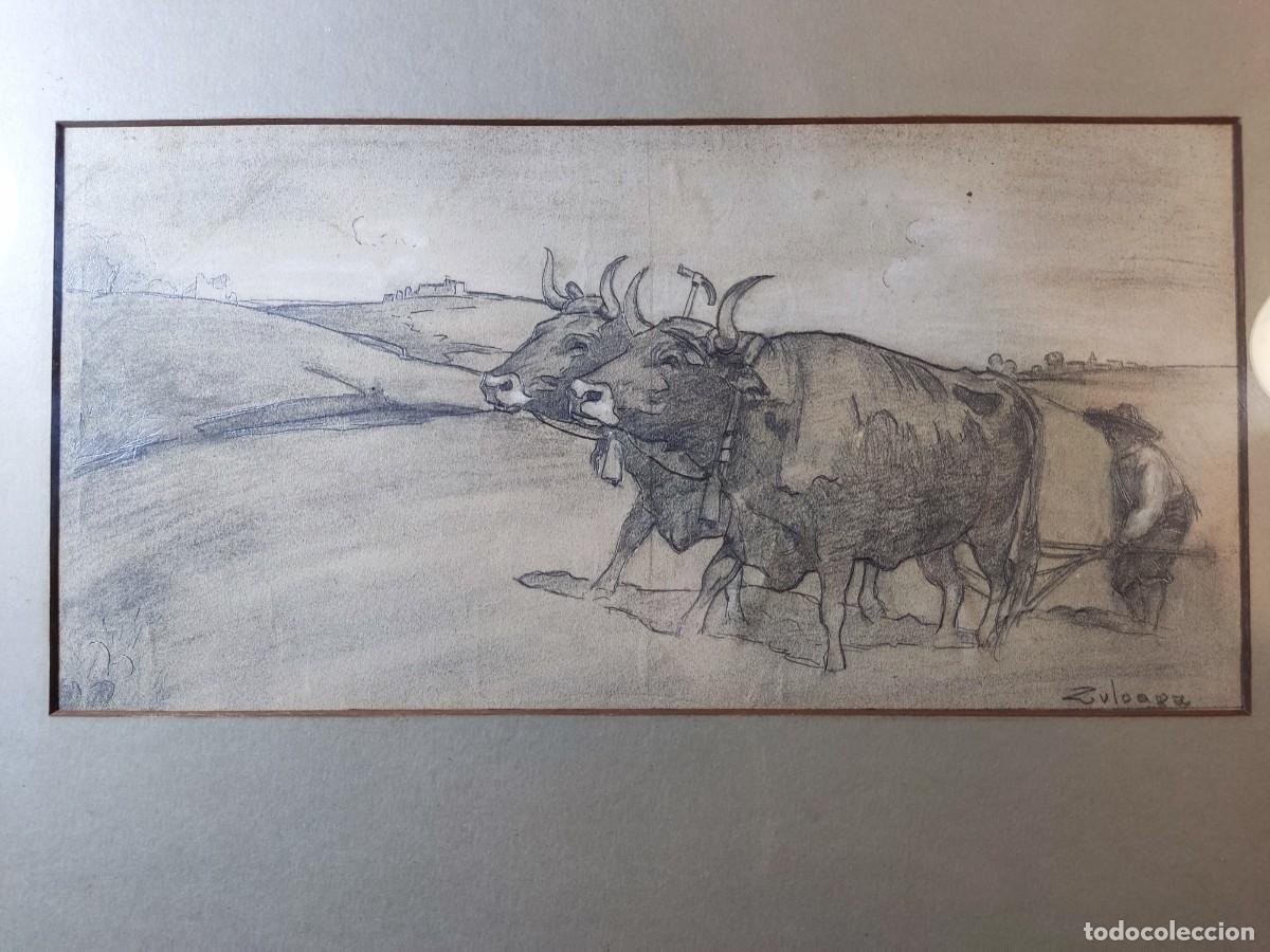 Arte: Bueyes arando y castillo de Pedraza, dibujo de Juan Zuloaga Estringana (Donostia 1884-Segovia 1968)