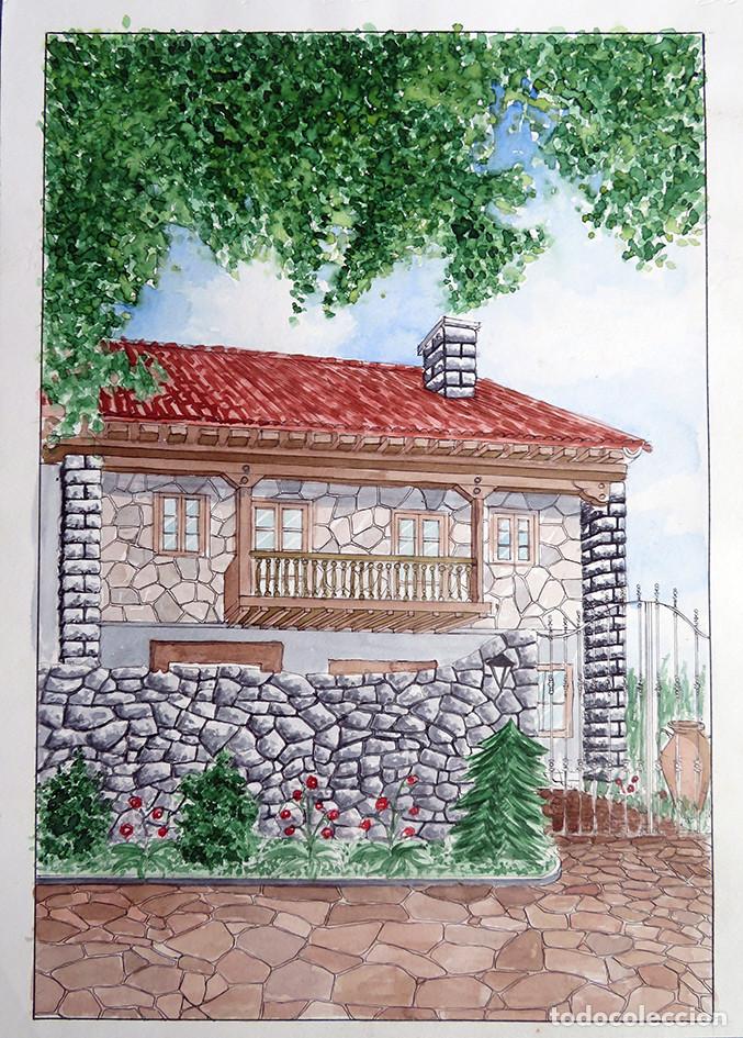 Arte: Acuarela. Casa. Piedra. 32 x 44 cms