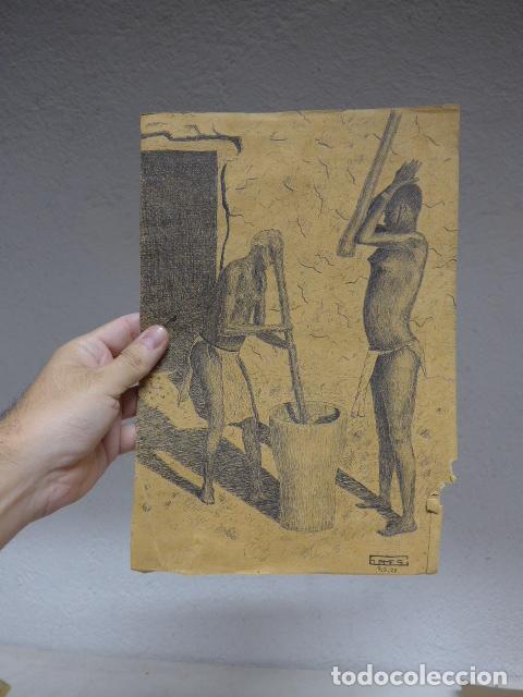 Arte: Antiguo dibujo original de 1928 de negros de africa, etnico. Firmado y fechado.
