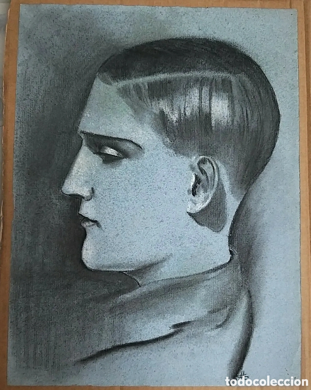 Arte: Retrato de joven de perfil. Dibujo A&ntilde;os 30. Firmado MS.