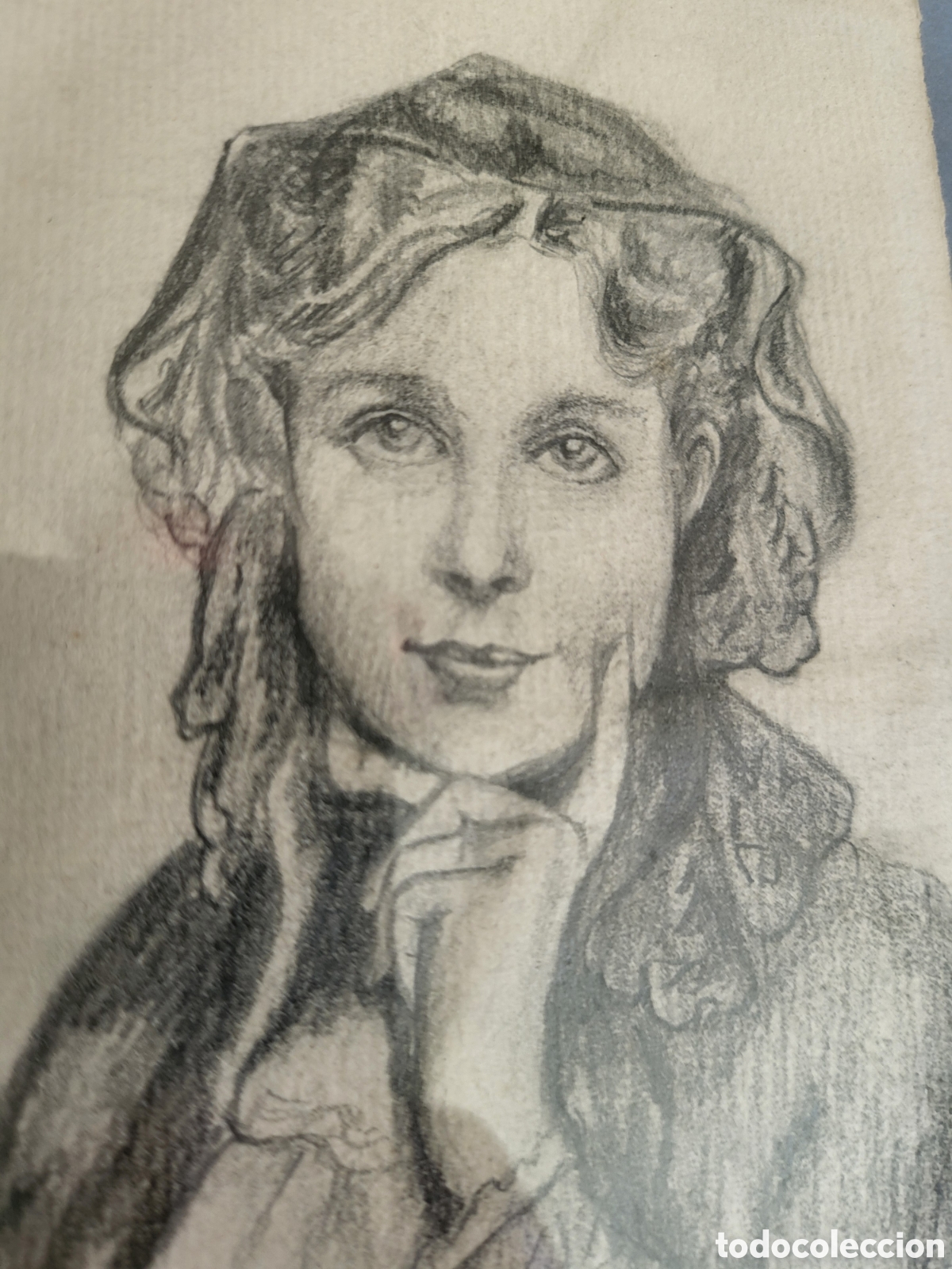 Arte: Antiguo dibujo, retrato femenino, l&aacute;piz en papel. Enmarcado. S. XIX