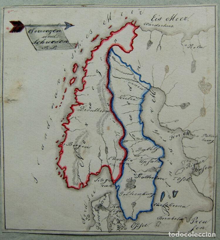 Arte: Mapa dibujado de Escandinavia, siglo XIX - Foto 1