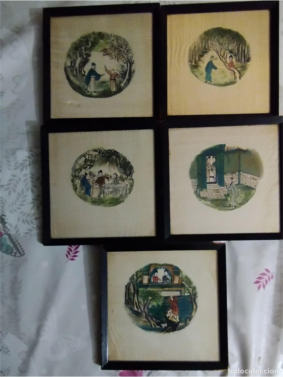 Arte: 5 ANTIGUOS CUADROS DIBUJOS ORIENTALES SOBRE SEDA