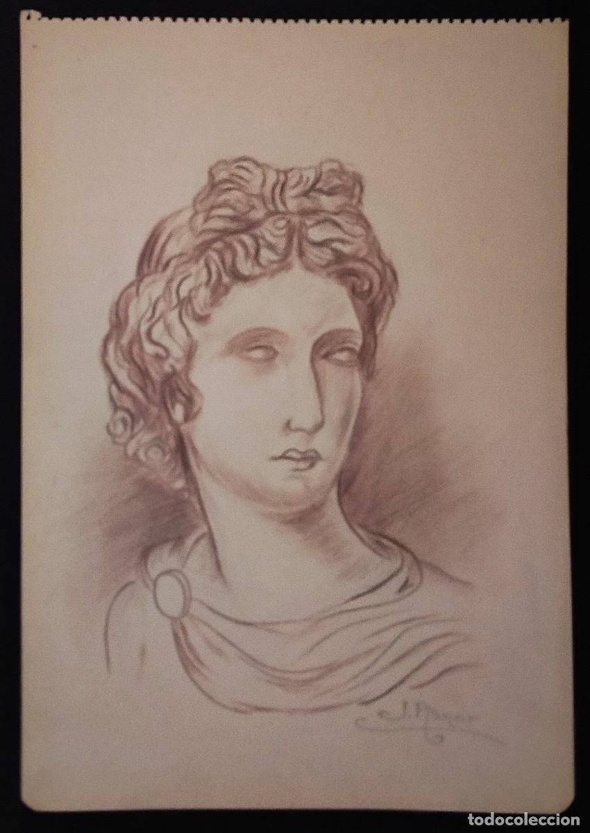 Art: DIBUJO a SANGUINA/(REALISMO).*BUSTO DE ESTATUA DE MUJER*.FDO.:J. AZNAR (Zaragoza).A&ntilde;os 40/50 (S. XX)