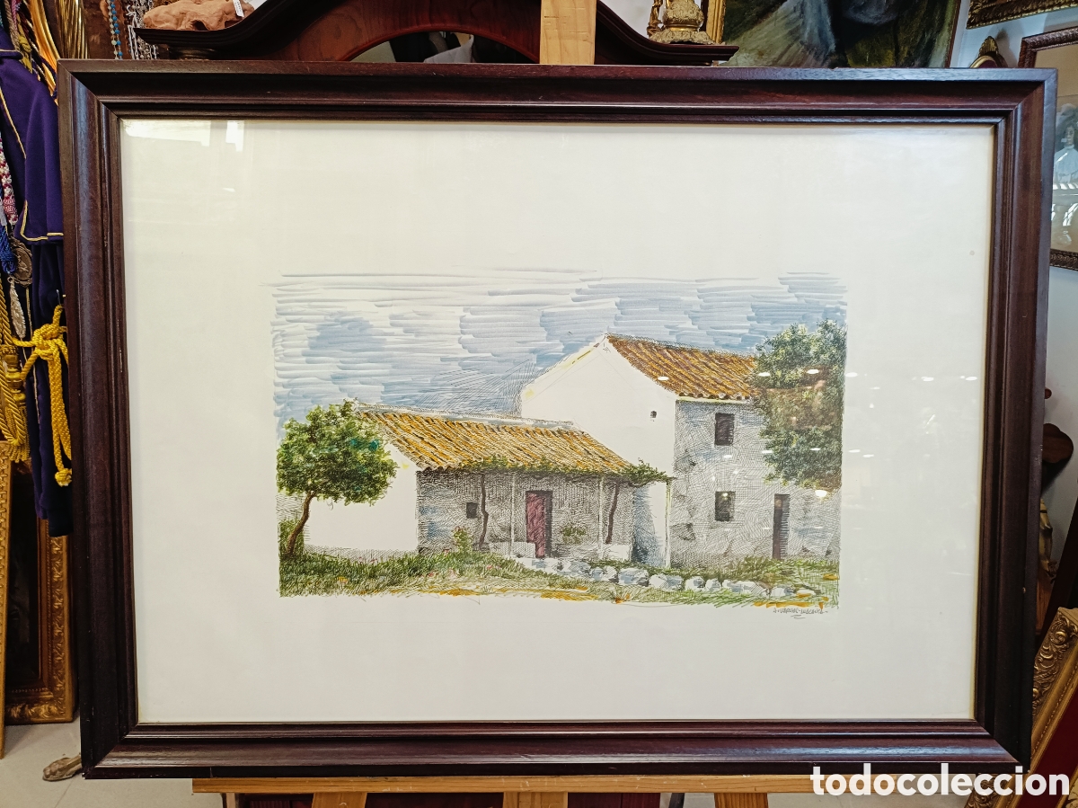 Art: ☆ ANGEL VARGAS-MACHUCA. MALAGA. PLUMILLA COLOREADA SOBRE PAPEL. MEDIDAS CON MARCO 77&times;57 CM