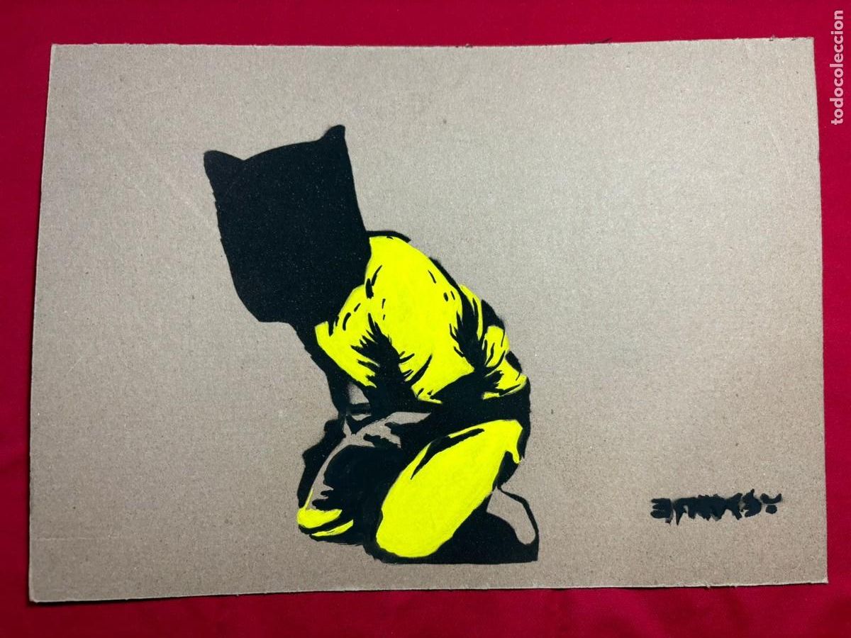 Art: Banksy sobre carton antiguo sellado y timbrado(hecho a mano ) arte vtg--- replica