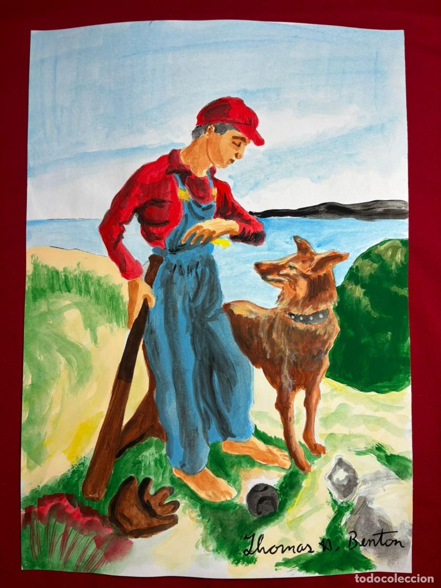 Art: Thomas Hart Benton sobre papel antiguo sellado y timbrado(hecho a mano ) arte vtg --- replica