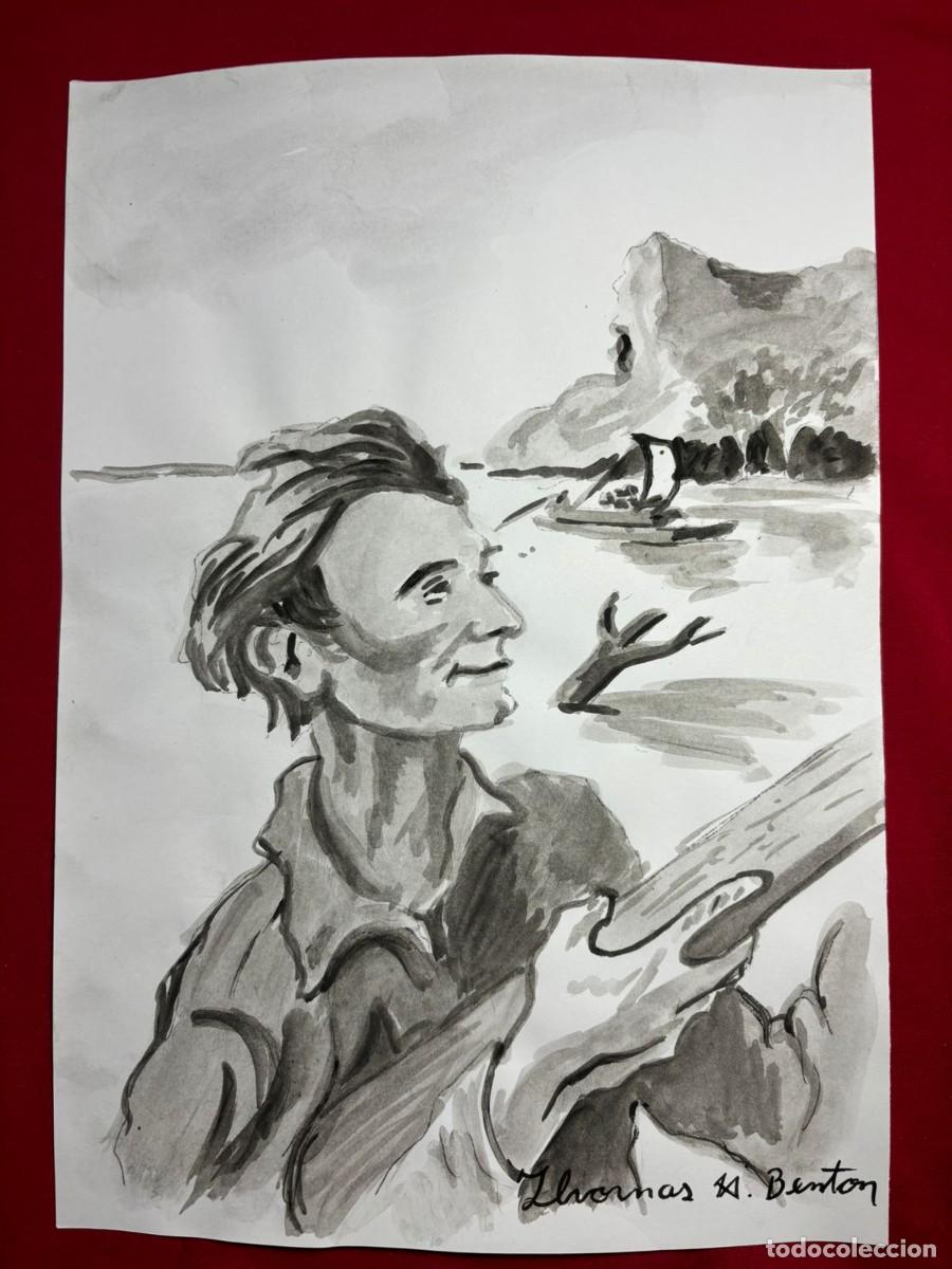 Art: Thomas Hart Benton sobre papel antiguo sellado y timbrado(hecho a mano ) arte vtg --- replica