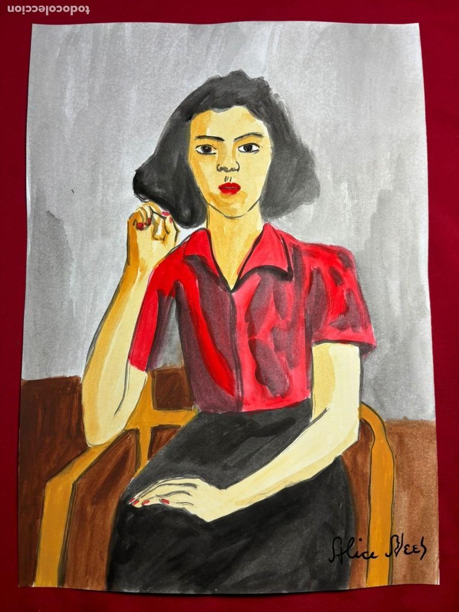 Art: Alice Neel sobre papel antiguo sellado y timbrado(hecho a mano ) arte vtg --- replica