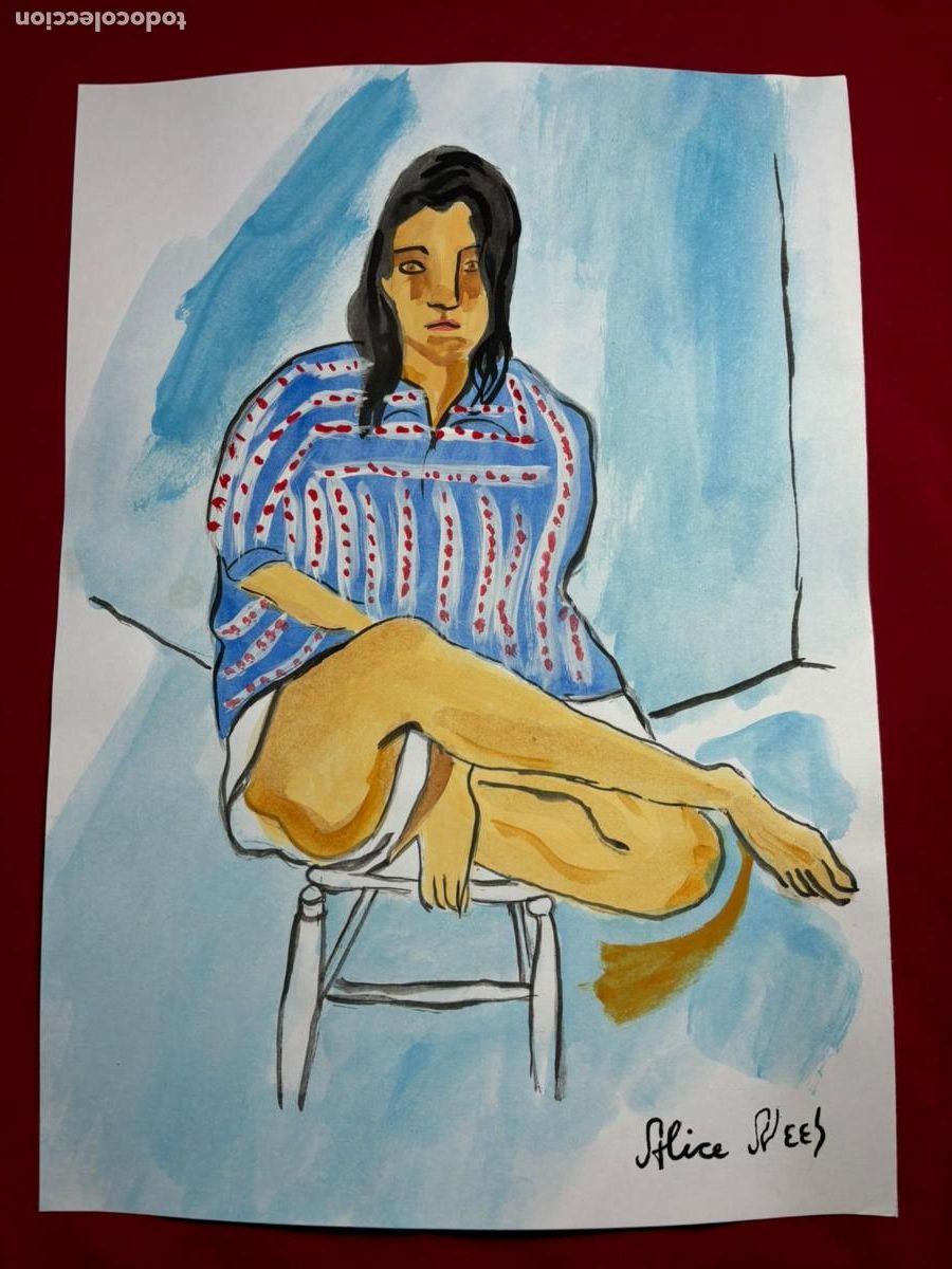 Art: Alice Neel sobre papel antiguo sellado y timbrado(hecho a mano ) arte vtg --- replica