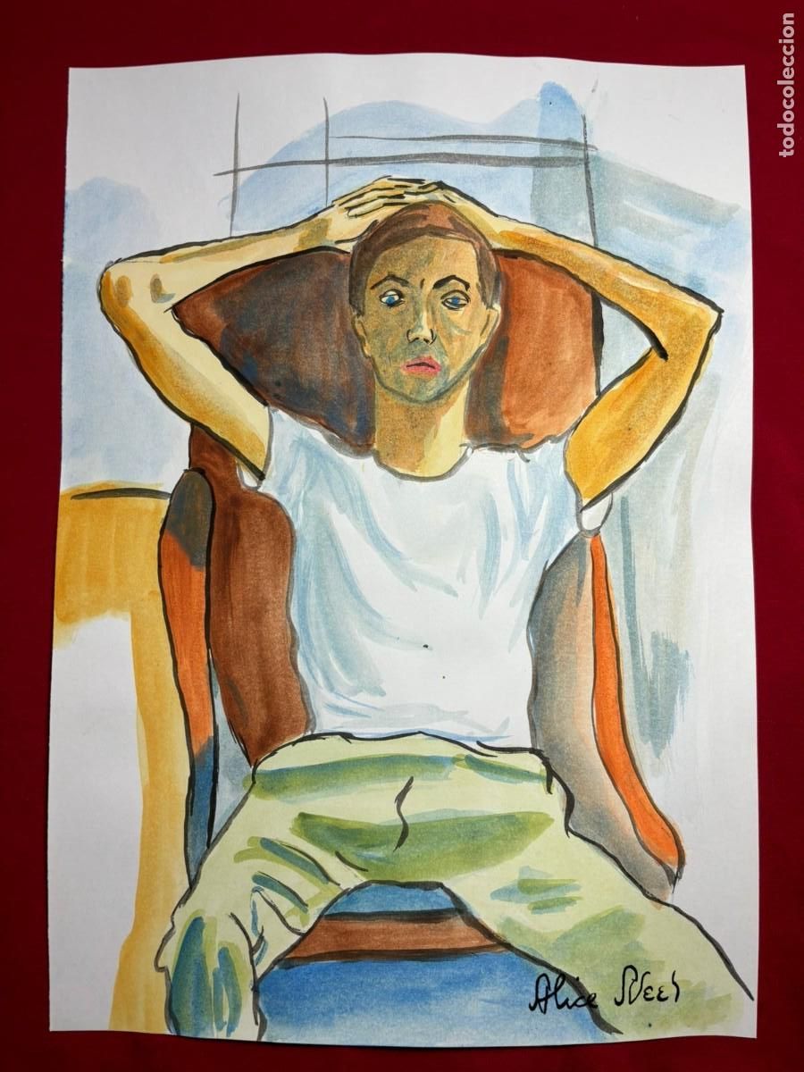 Art: Alice Neel sobre papel antiguo sellado y timbrado(hecho a mano ) arte vtg --- replica