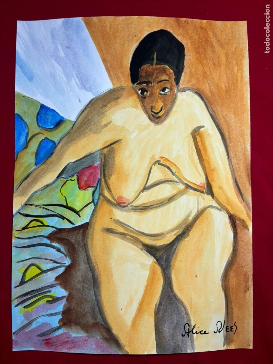 Art: Alice Neel sobre papel antiguo sellado y timbrado(hecho a mano ) arte vtg --- replica