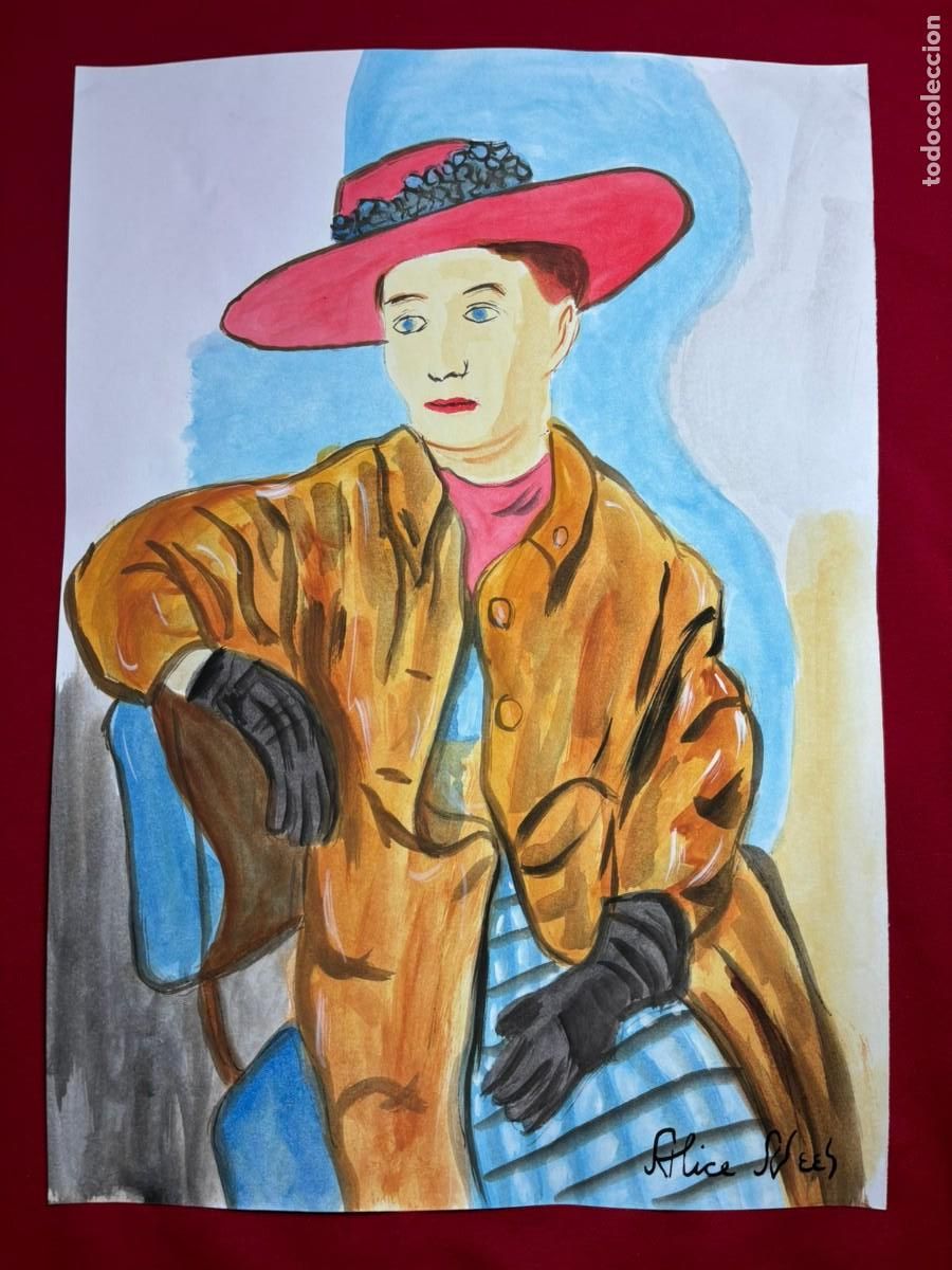 Art: Alice Neel sobre papel antiguo sellado y timbrado(hecho a mano ) arte vtg --- replica