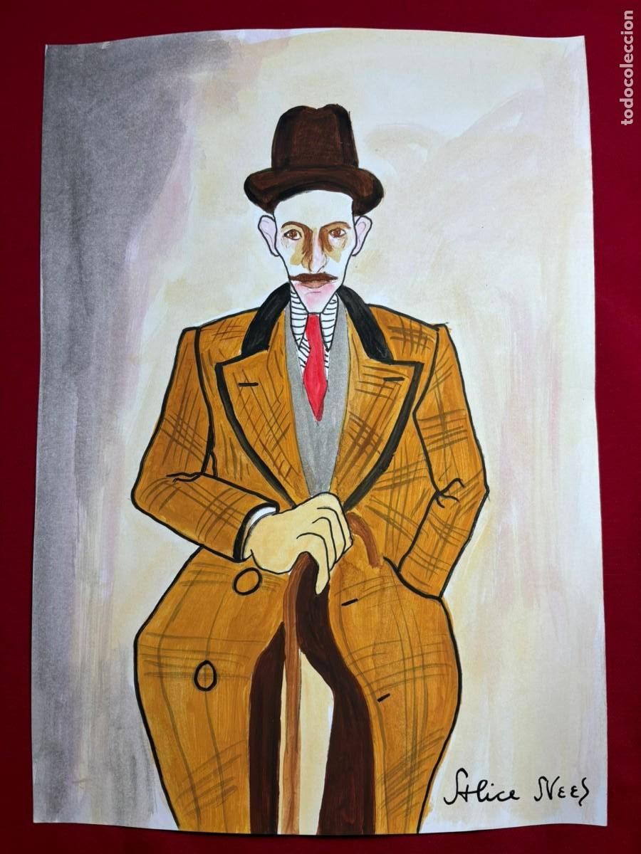 Art: Alice Neel sobre papel antiguo sellado y timbrado(hecho a mano ) arte vtg --- replica